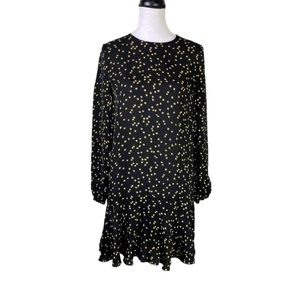 Theory Black & Yellow Star Print Silk Long Sleeve Flare Mini Dress - Picture 3 of 14